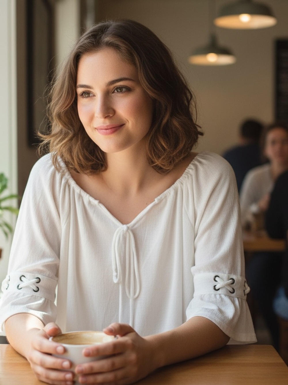 Women’s White Peasant Blouse with Tie Neck